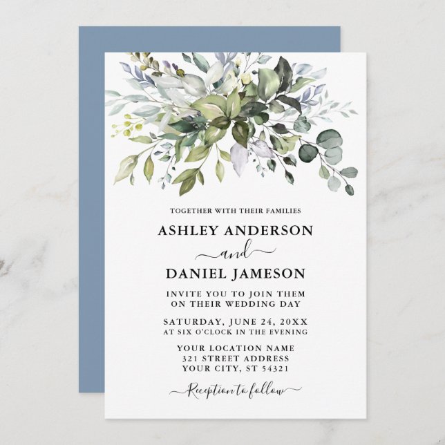 Invitation Aquarelle moderne Vert Mariage Dusty Blue (Devant / Derrière)