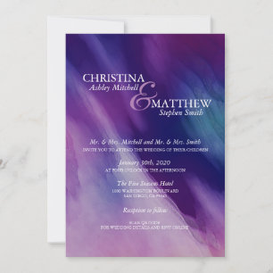 Invitation Aquarelle moderne violet bleu marine Mariage QR co