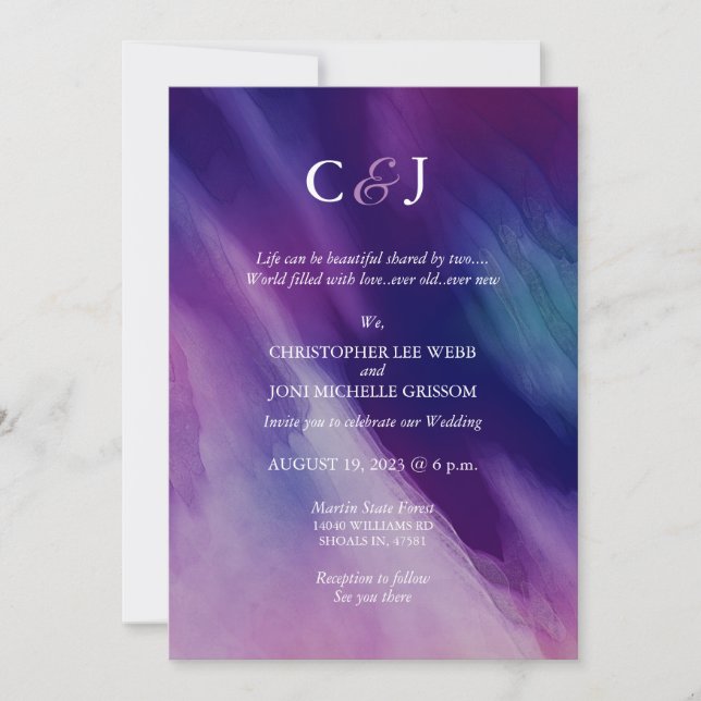 Invitation Aquarelle moderne violet Mariage bleu marine (Devant)