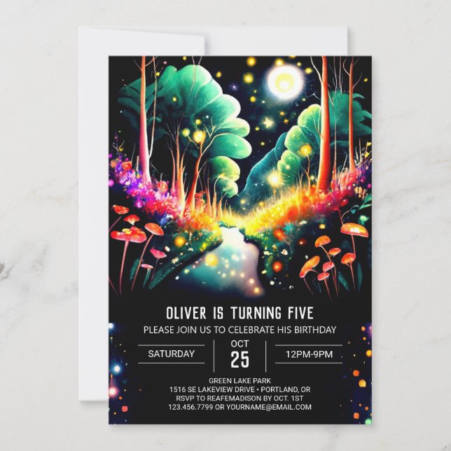 Invitation Aquarelle modifiable lucioles Bois Anniversaire (Devant)