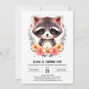 Invitation Aquarelle modifiable Raccoon fille Anniversaire