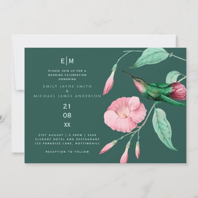 Invitation Aquarelle Monogramme de colibri rose turquoise (Devant)