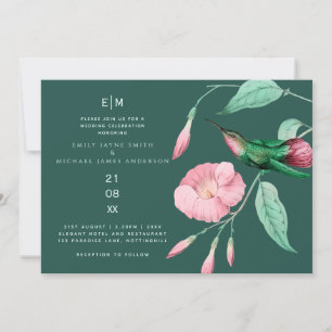 Invitation Aquarelle Monogramme de colibri rose turquoise