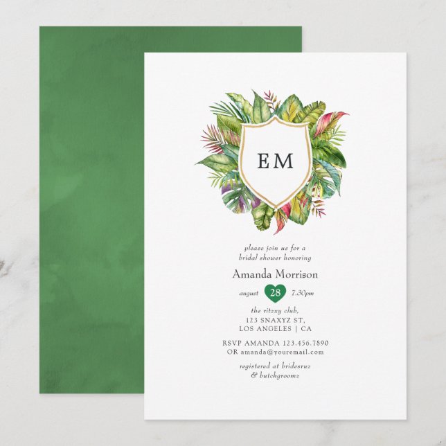Invitation Aquarelle Monogramme Fête des mariées d'été tropic (Devant / Derrière)