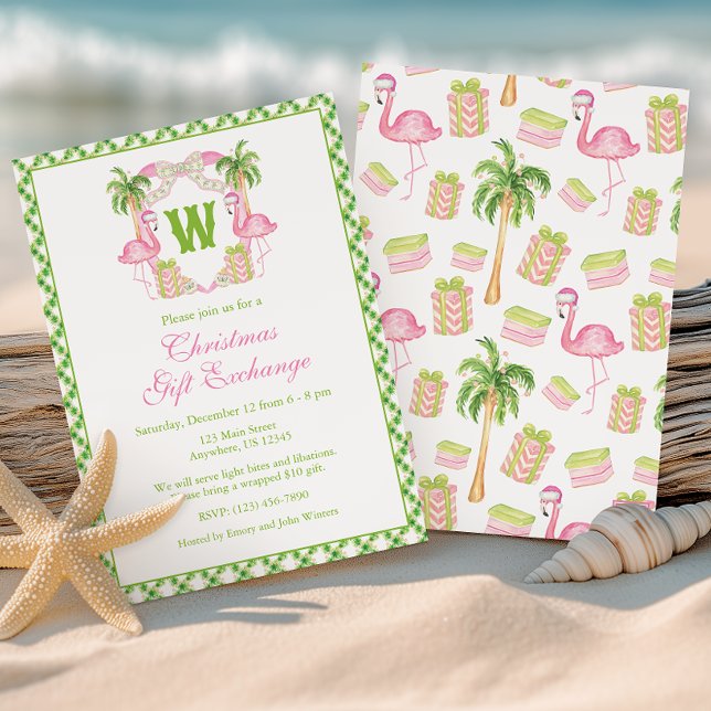 Invitation Aquarelle Monogramme Flamant rose rose Crête Noël (Créateur téléchargé)
