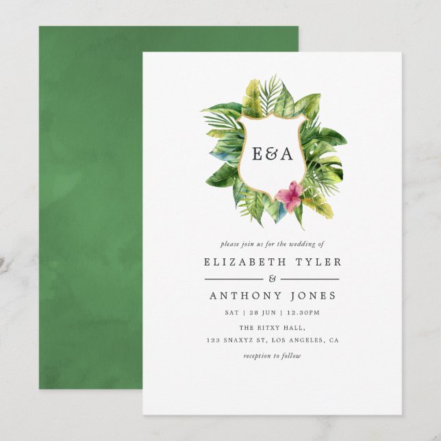Invitation Aquarelle Monogramme Tropical Summer Beach Mariage (Devant / Derrière)