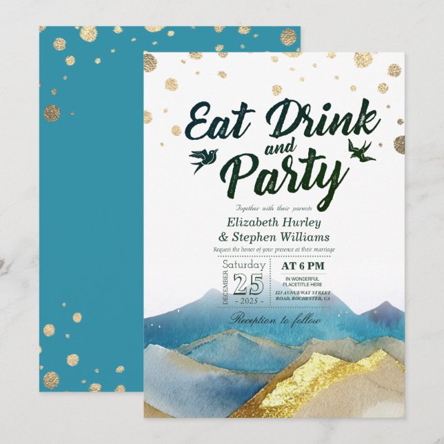 Invitation Aquarelle Montagne d'Or MANGER Boire & Fête Mariag (Devant / Derrière)