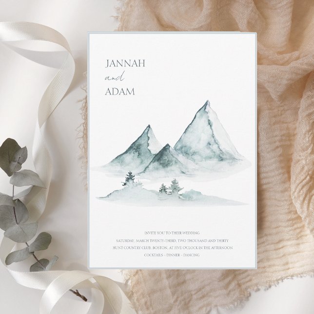 Invitation Aquarelle Montagne Végétation Blanc Mariage d'hive (Créateur téléchargé)