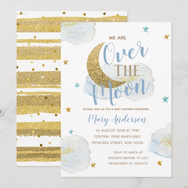 Invitation Aquarelle Moon Baby Baby shower bleu et or (Devant / Derrière)