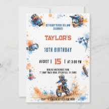 Aquarelle Motocross Terre Orange Bleu Anniversaire