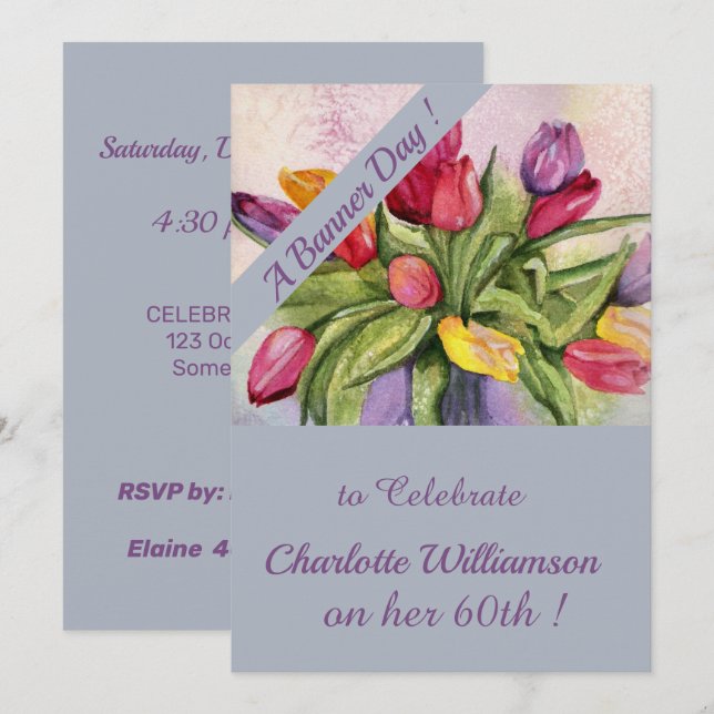 Invitation Aquarelle multicolore Tulipe Anniversaire Floral (Devant / Derrière)