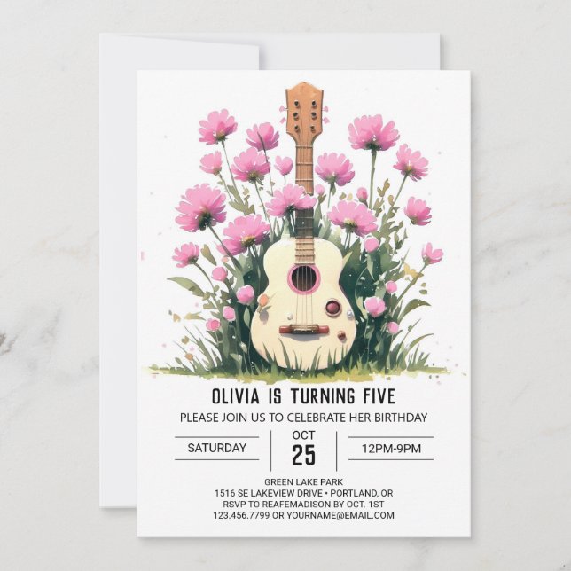 Invitation Aquarelle Musique Magique Guitare Anniversaire (Devant)