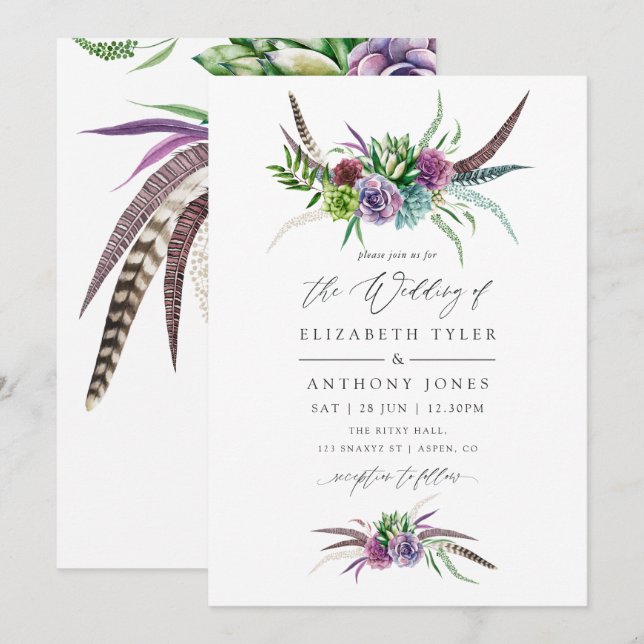 Invitation Aquarelle mystique Boho Mariage succulent (Devant / Derrière)
