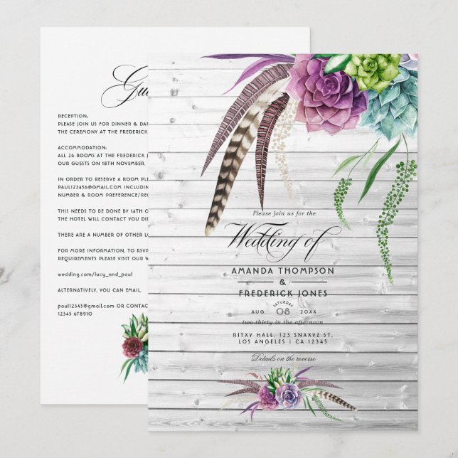 Invitation Aquarelle mystique Succulents Mariage bohème (Devant / Derrière)