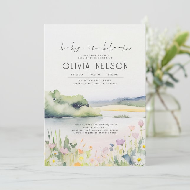 Invitation Aquarelle Nature et Baby shower Fleur sauvage (Debout devant)