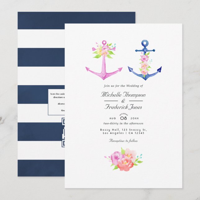 Invitation Aquarelle Nautique à thème Floral QR Code Mariage (Devant / Derrière)