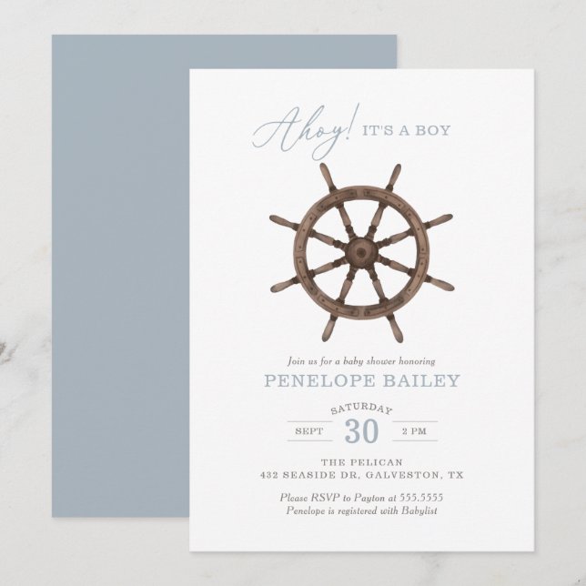 Invitation Aquarelle nautique Bateau Baby shower de roue Invi (Devant / Derrière)