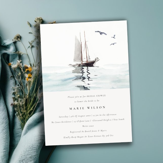 Invitation Aquarelle Nautique Fête des mariées de yacht à voi (Créateur téléchargé)