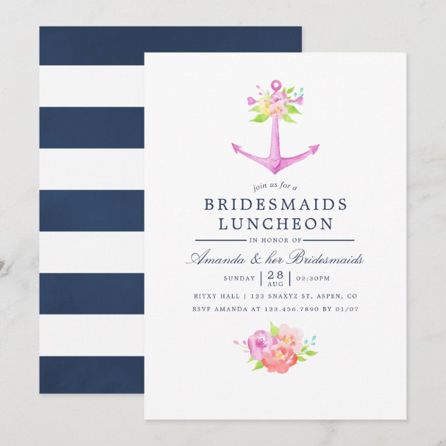 Invitation Aquarelle Nautique Floral Bridesservantes Déjeuner (Devant / Derrière)