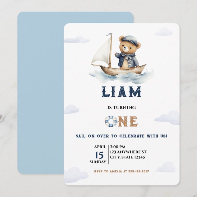 Invitation Aquarelle Nautique Garçon Teddy Bear marin Anniver (Devant / Derrière)