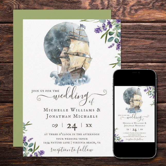 Invitation Aquarelle nautique navire Mariage de la lavande de (Créateur téléchargé)