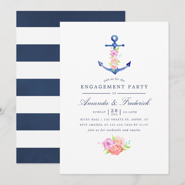 Invitation Aquarelle Nautique Thème Floral Engagement Party (Devant / Derrière)