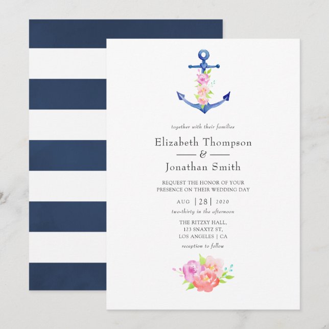 Invitation Aquarelle Nautique Thème Floral Mariage (Devant / Derrière)