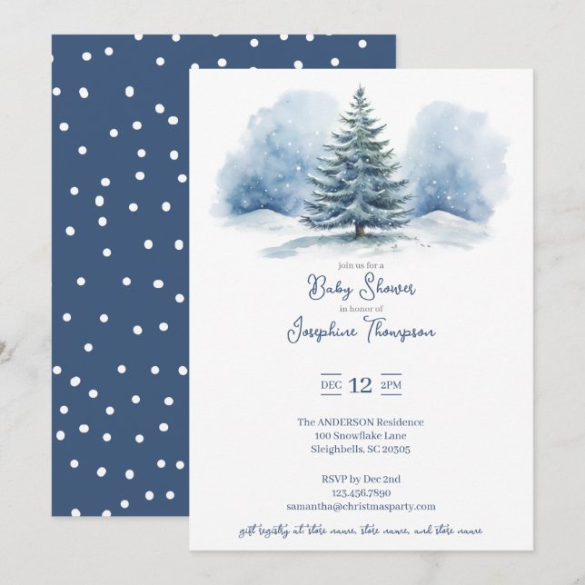 Invitation Aquarelle Neige couvert Baby shower À feuillage pe (Devant / Derrière)