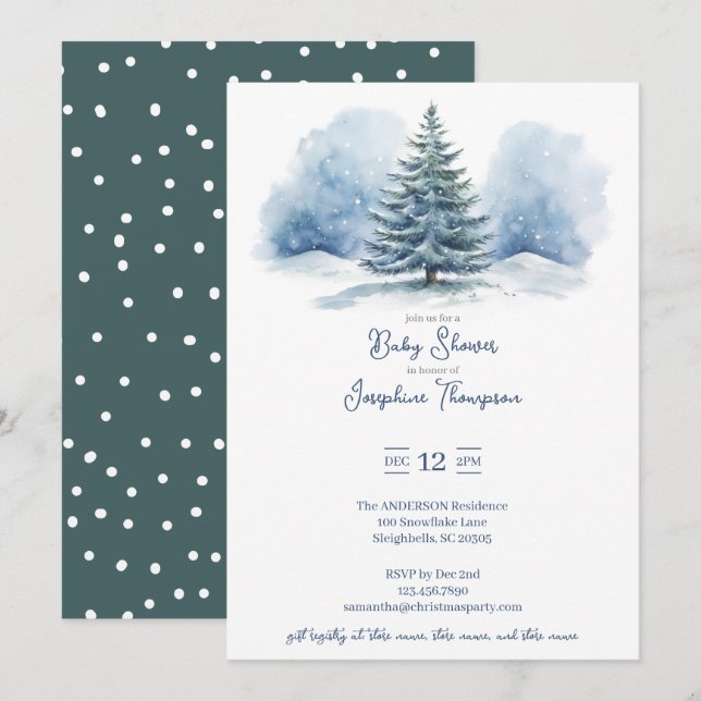 Invitation Aquarelle Neige couvert Baby shower À feuillage pe (Devant / Derrière)