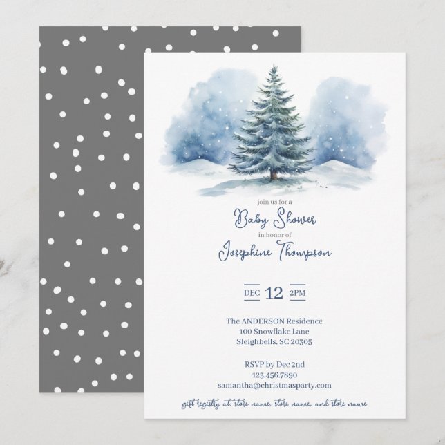 Invitation Aquarelle Neige couvert Baby shower À feuillage pe (Devant / Derrière)