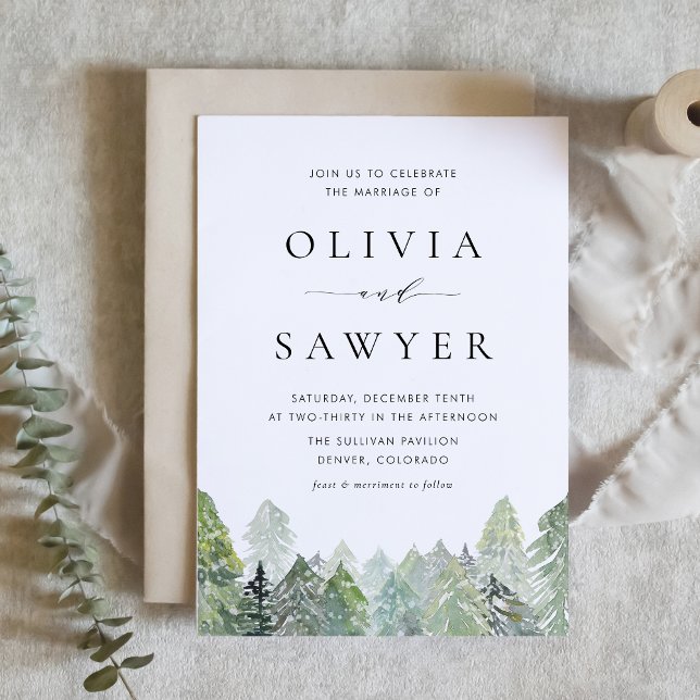 Invitation Aquarelle neige Forêt À feuillage persistant Maria (Winter wonderland wedding invitation with watercolor evergreens and falling snow.)