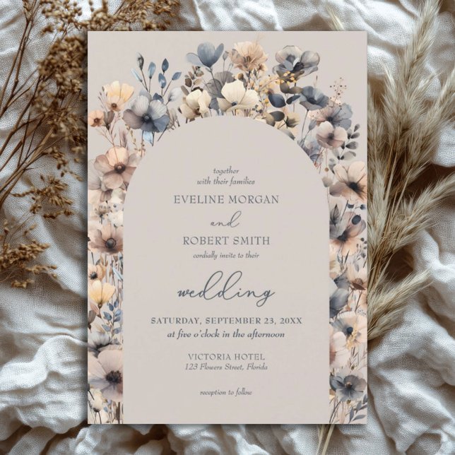 Invitation Aquarelle neutre Boho fleur sauvage (watercolor neutral colors wild flowers arched wedding invitation)
