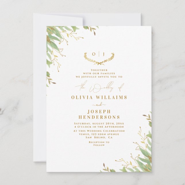 Invitation Aquarelle neutre chic Mariage floral or huile (Devant)