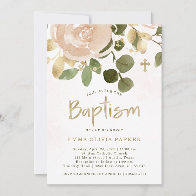Invitation Aquarelle neutre et or floral| Baptême (Devant)