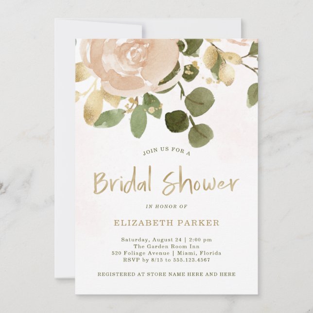 Invitation Aquarelle neutre et or floral| Fête de l'mariée (Devant)