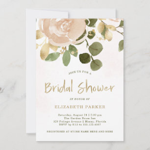 Invitation Aquarelle neutre et or floral  Fête de l'mariée