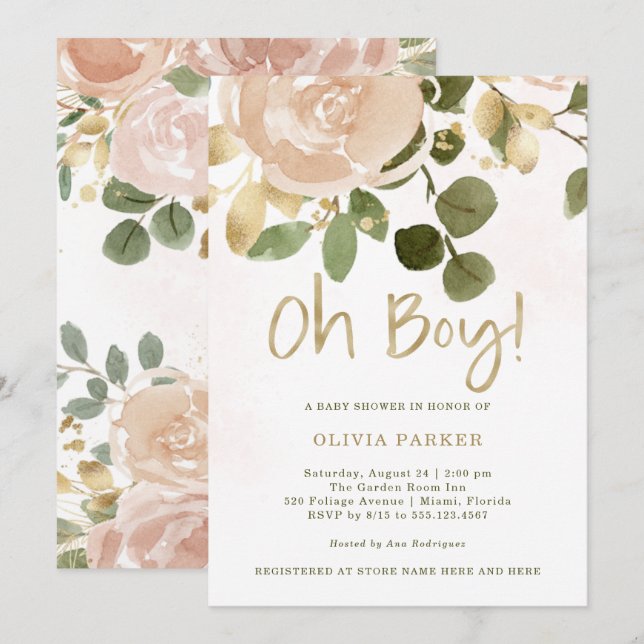 Invitation Aquarelle neutre florale | Oh Baby shower garçon (Devant / Derrière)