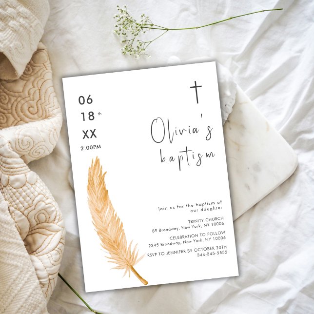 Invitation Aquarelle neutre Plumes Croix Baptême (Neutral Watercolor Feather Cross Baptism Invitation)