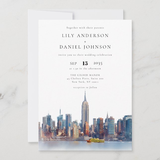 Invitation Aquarelle New York Skyline QR Code Mariage (Devant)