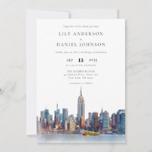 Invitation Aquarelle New York Skyline QR Code Mariage