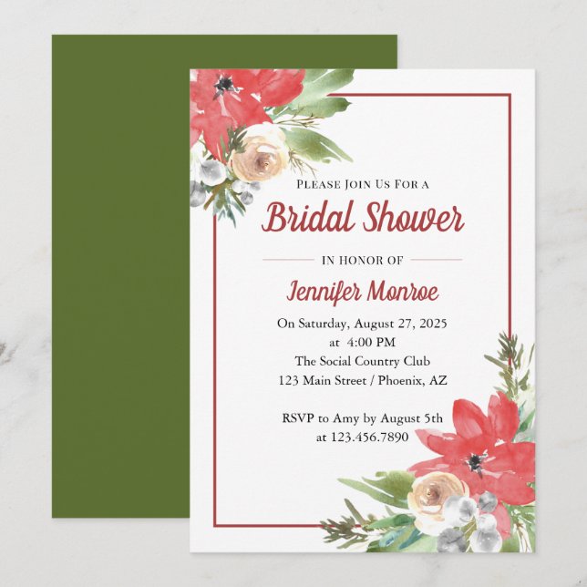 Invitation Aquarelle noël fleuri nuptiale douche (Devant / Derrière)