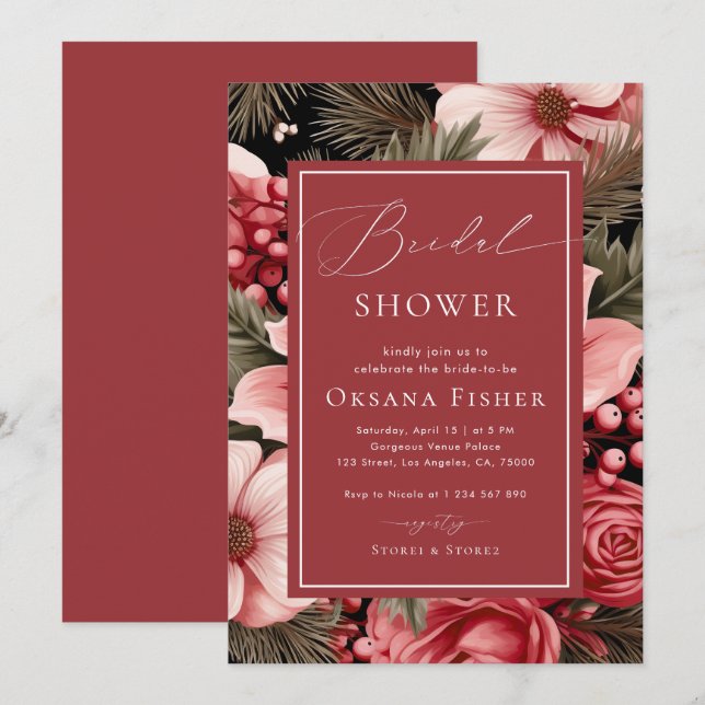 Invitation Aquarelle Noël Floral Fête des mariées d'hiver (Devant / Derrière)