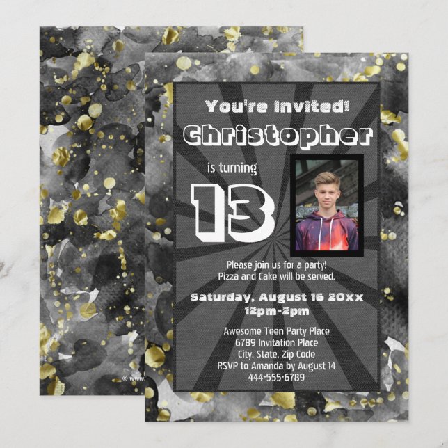 Invitation Aquarelle noire Ado Boys Anniversaire Photo dans (Devant / Derrière)