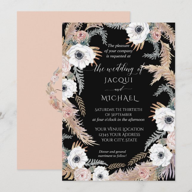 Invitation Aquarelle noire blanche Florale BOHO Pampas Tropéd (Devant / Derrière)