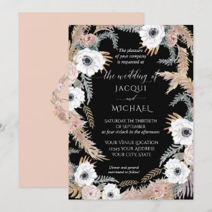Invitation Aquarelle noire blanche Florale BOHO Pampas Tropéd