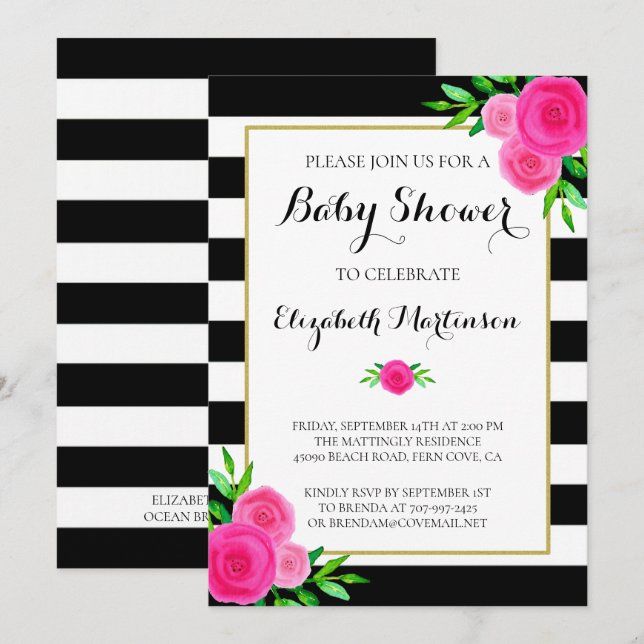 Invitation Aquarelle noire blanche rayée Baby shower floral (Devant / Derrière)