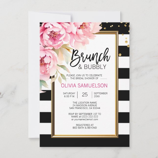 Invitation Aquarelle noire blanche rose Floral Brunch & Bubbl (Devant)