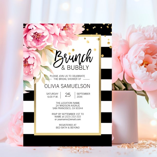 Invitation Aquarelle noire blanche rose Floral Brunch & Bubbl (Black White Watercolor Pink Floral Brunch & Bubbly Invitation)