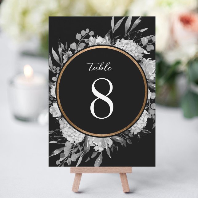 Invitation Aquarelle noire et blanche Numéro de la table flor (Créateur téléchargé)