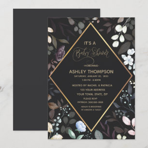 Invitation Aquarelle noire et or Baby shower Floral